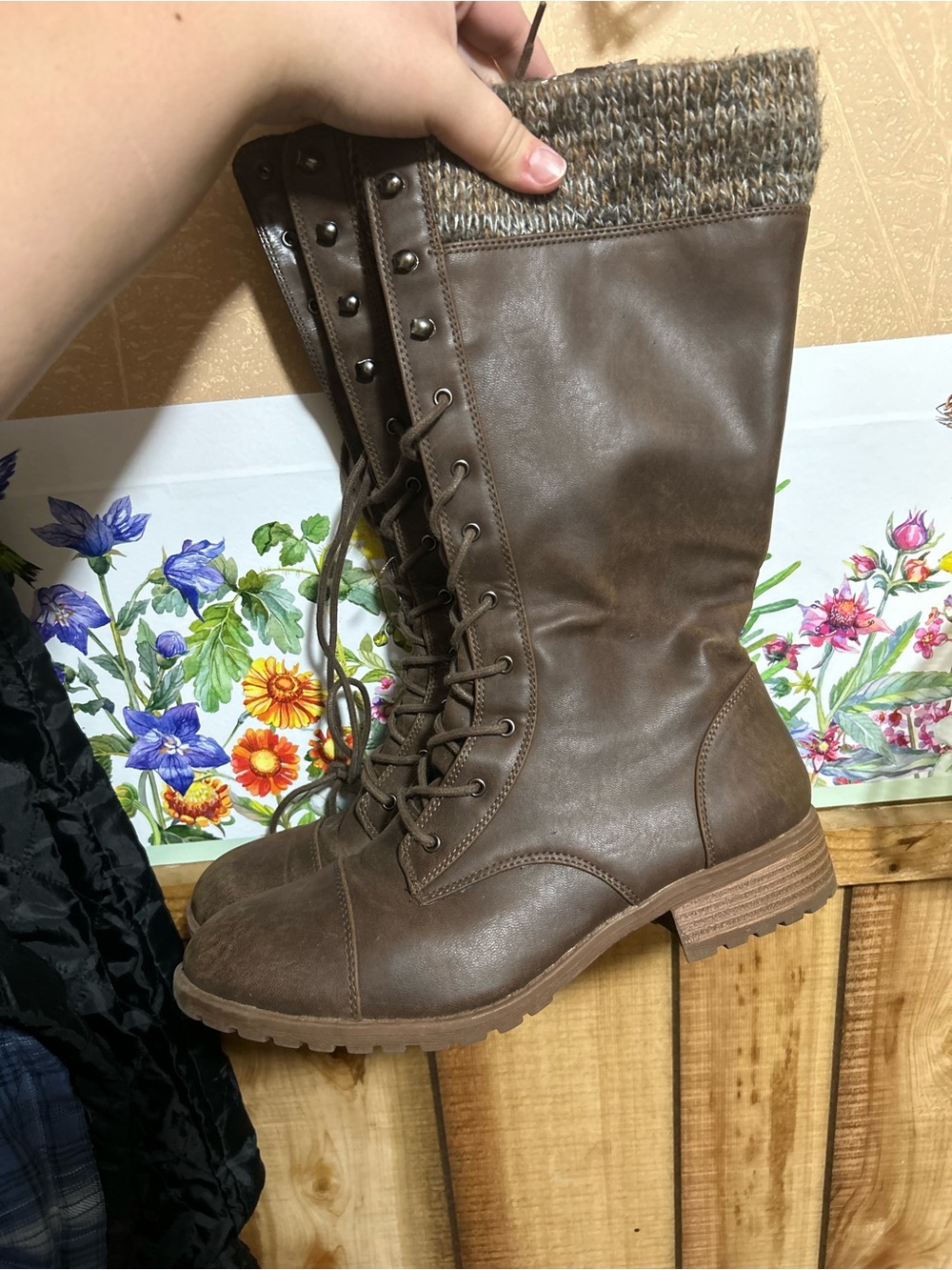 Route 66 Brown Lace-Up Mid-Calf Boots with Knit Cuff